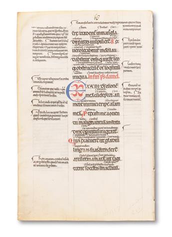 MANUSCRIPT LEAF.  Vellum leaf from glossed Psalter in Latin. France, 12th century
